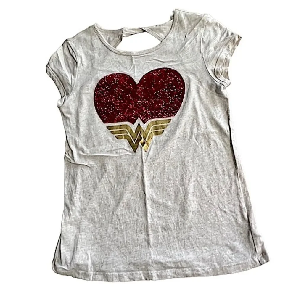 Gap Kids Wonder Woman Sequin Flip Graphic Tee Girls L/10 Oatmeal